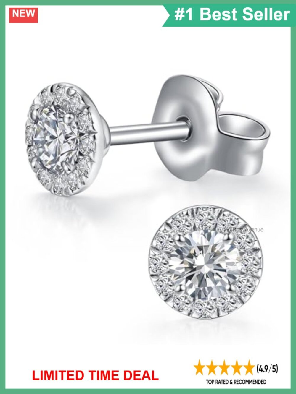 Lab Grown Diamond Stud Earrings Sterling Silver 18K White Gold Plated 3.2mm